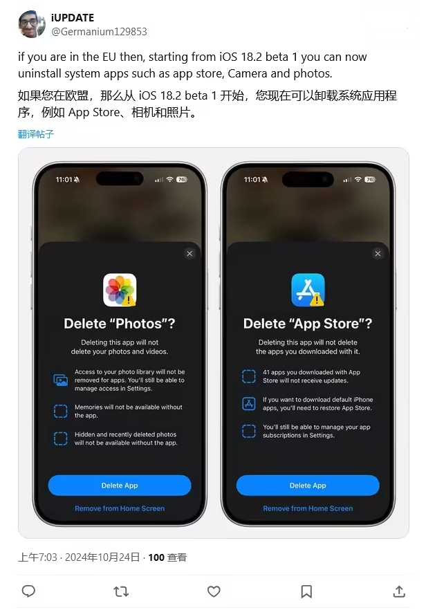 费县苹果手机维修分享iOS 18.2 支持删除 App Store 应用商店 