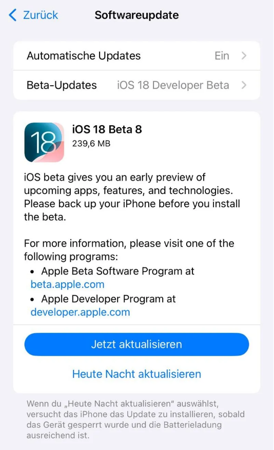 费县苹果手机维修分享苹果 iOS / iPadOS 18 开发者预览版 Beta 8 发布 